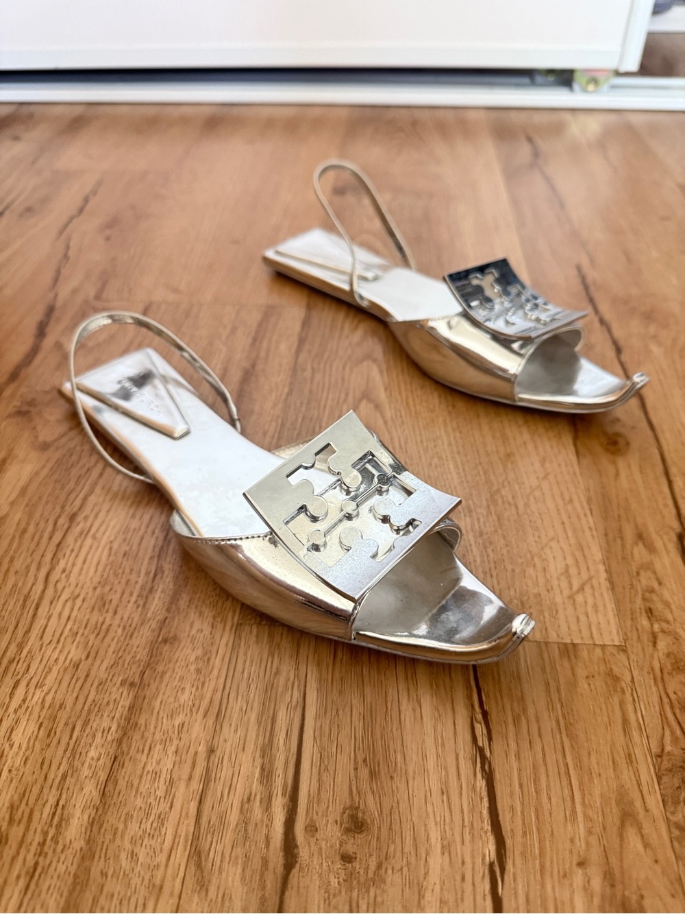 Tory Burch Silver Metallic Open Toe Slingback Flats